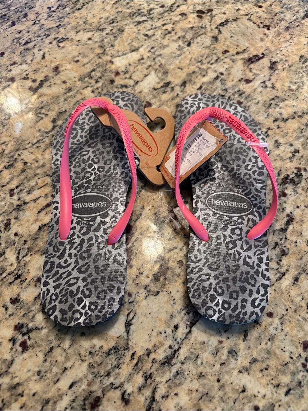 Havaianas Flip Flops - Pink Straps with Gray Leopard Footbed